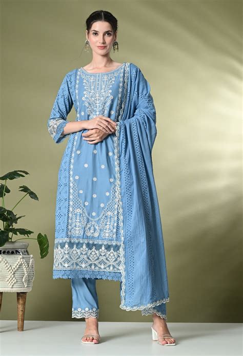 Blue Chikankari Cotton Organza Suit – Faeezah