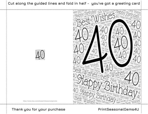 40th Birthday Card, Printable Birthday Card, Milestone Card, 40th ...