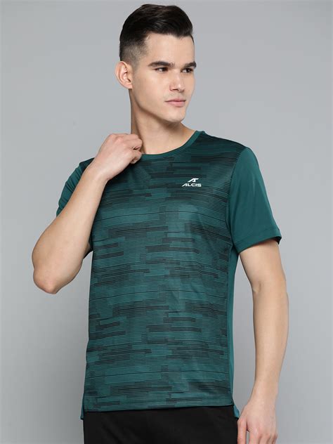 Buy Alcis Men Green Black Printed Slim Fit Sports T-shirt ...