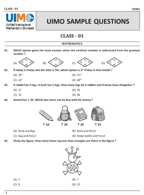 Class 1 UIMO Sample paper with syllabus | Olympiad tester
