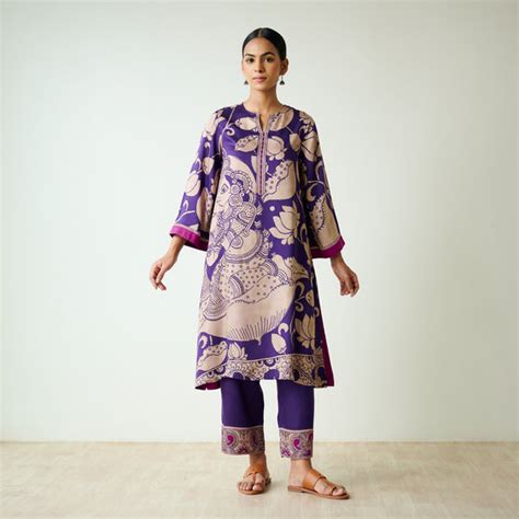 Buy Syahi Modal Satin Kurta Set with Mukaish Embroidery Details ...