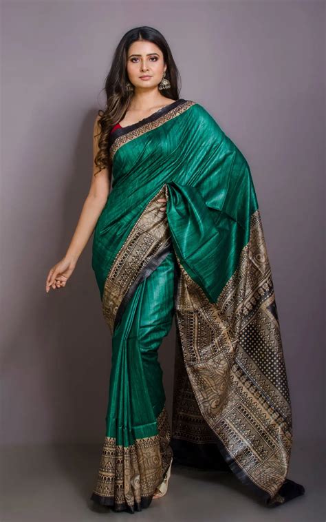 Dark Green Handwoven Tussar Silk | Madhubani Printed| KIHUMS – kihums ...