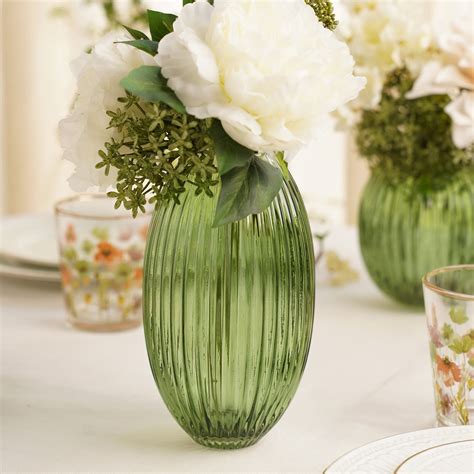 Green Ribbed Round Glass Vase - Large