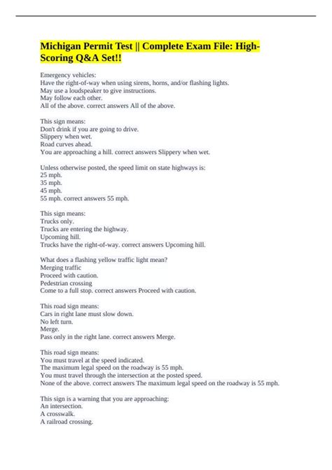 Michigan Permit Test || Complete Exam File: High-Scoring Q&A Set ...