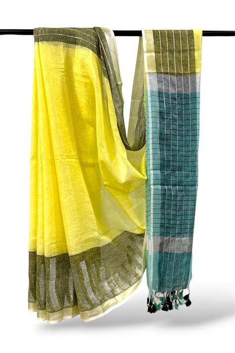 Buy Yellow Dobby Woven Pure Linen Sari Online | Linen World