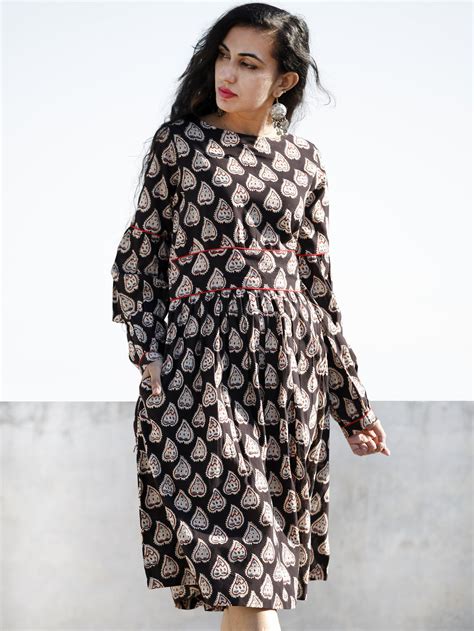 Black White Blue Hand Block Printed Cotton Midi Dress With Peasant Sle ...