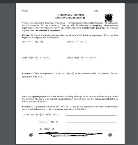 Image result for Lesson 17 Factoring Common Core Algebra Worksheet Answer