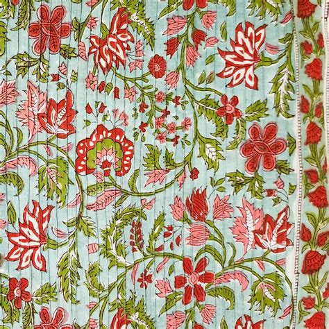 Pure Cotton Pintucks Jaipuri Sea Green With Dark Peach Daisy Flower Ja ...