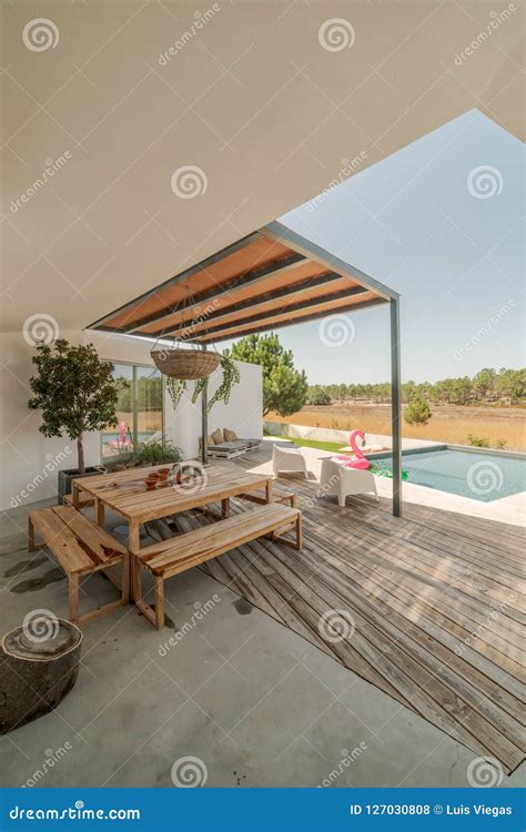 Modern House with Garden Swimming Pool and Wooden Deck Stock Photo ...
