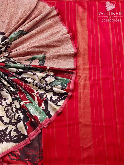 Cream & Red Colour Kanchivaram Silk Saree With Digital Print & Hand Th ...