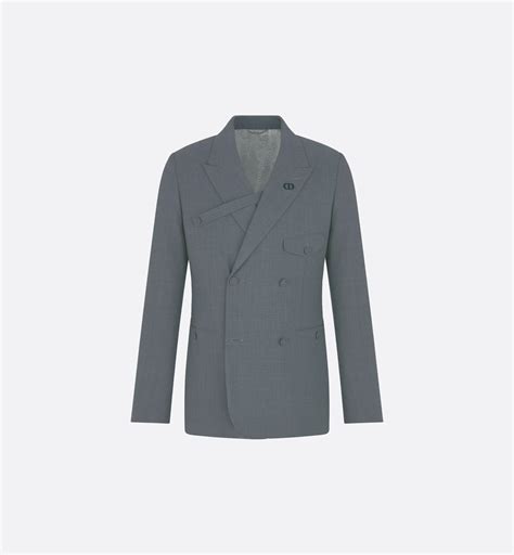 Double-Breasted Jacket with Buttoned Strap Blue Checkered Virgin Wool-Blend Seersucker | DIOR