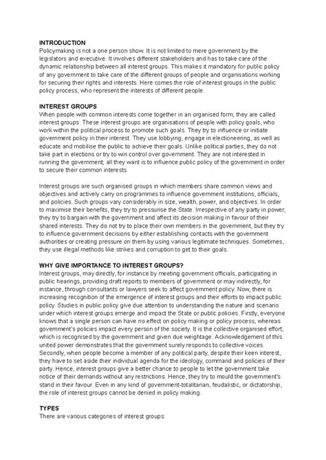 Interest Groups - INTRODUCTION Policymaking is not a one person show ...