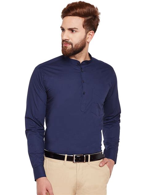 Hancock Navy Blue Solid Mandarin Collar Pure Cotton Slim Fit Formal ...