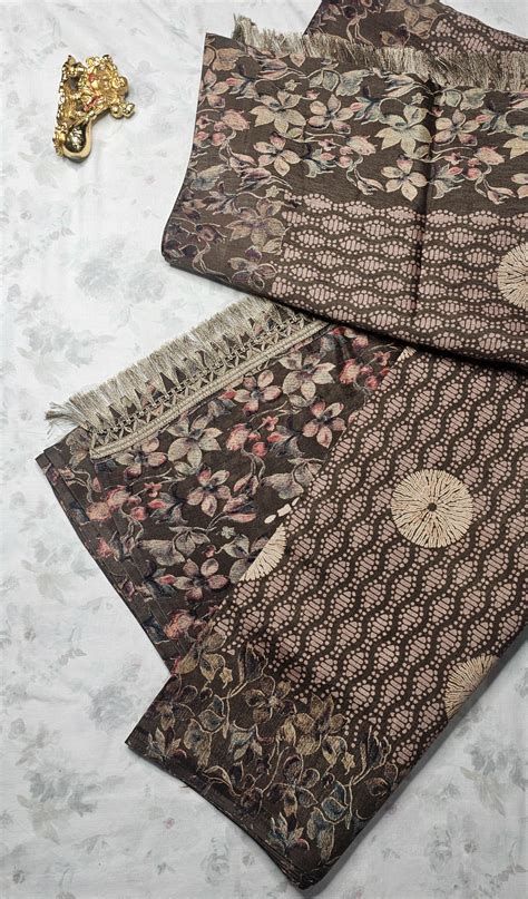 Elegant Brown Saree with Vintage Floral & Geometric Weaving ...