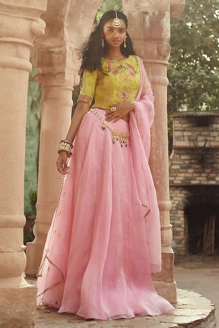 Buy Pink Organza, Chanderi Peacock Motif Round Kalidar Lehenga Set For ...