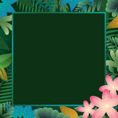 Tropical leaves and flowers square frame on dark green background ...