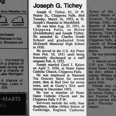 Obituary for Joseph G. Tichey, 1931-1993 (Aged 61) - Newspapers.com™