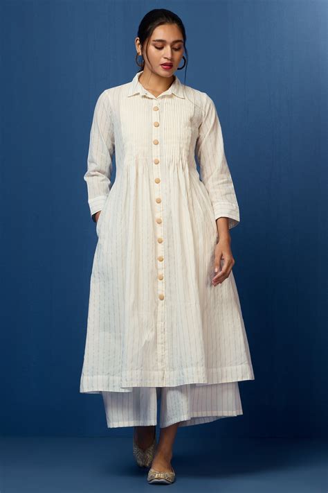 pleated neck pintuck collar dress - pearlescent & gilded stripes ...