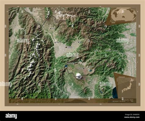 Yamanashi, prefecture of Japan. Low resolution satellite map. Locations and names of major ...