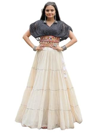 Buy HM FASHIONS Navratri Special Cotton White Lehenga Leheriya Printed ...
