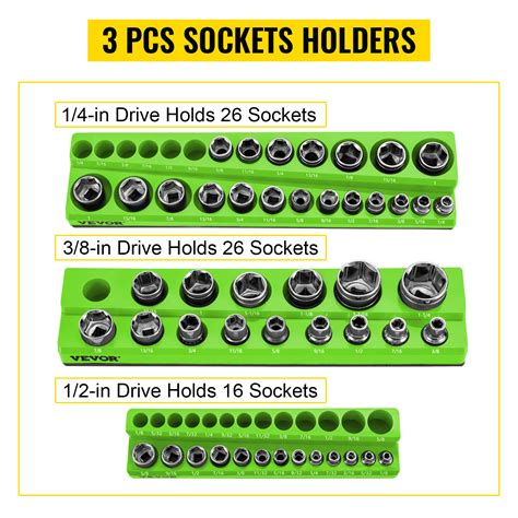 VEVOR 3-Pack SAE Magnetic Socket Organizers, 1/2-inch, 3/8-inch, 1/4 ...