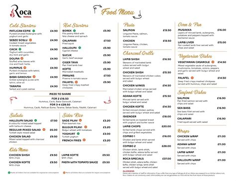 Menu at Roca Mangal restaurant, London