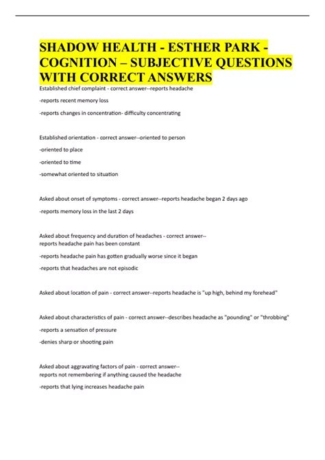 SHADOW HEALTH - ESTHER PARK - COGNITION - SUBJECTIVE QUESTIONS WITH ...