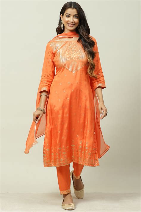 Orange Printed Viscose Straight Kurta Regular Pant Suit Set
