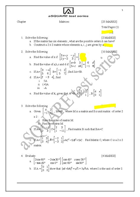Matrices-1 - Mateices - 1 Chapter Matrices [25 MARKS] Total Pages (1 ...