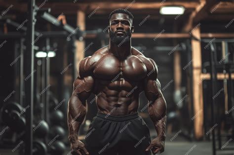 Dynamic portrait of a strong muscular black man at the gym showcasing ...