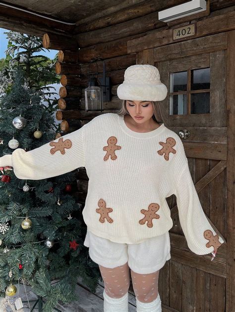Plus Size Women Christmas Gingerbread Drop Shoulder Casual Loose ...
