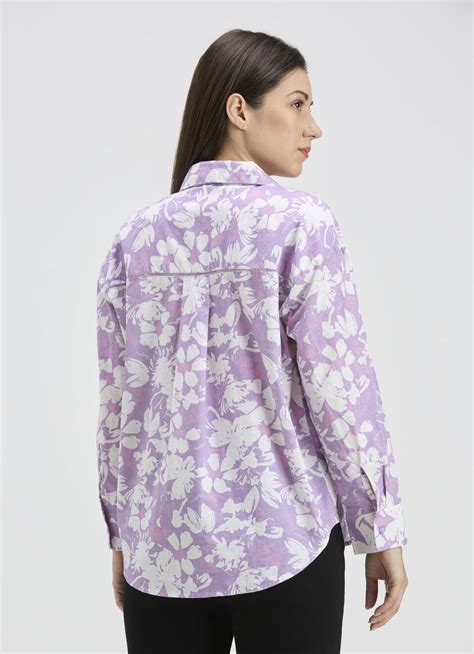 Women Purple Floral Print Full Sleeve Oversized Shirt | Pepe Jeans India
