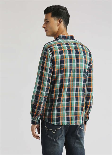 Yarn Dyed Indigo Checks Linen Long Sleeve Shirt | Pepe Jeans India
