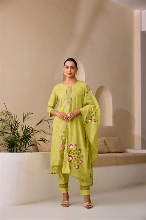 Neerus M Green Straight Embroidery Kurta And Trousers With Dupatta ...