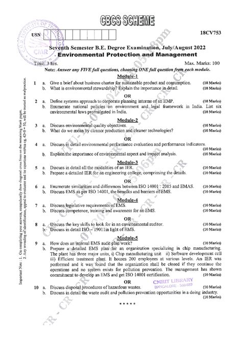 VTU Question Paper of 18CV753 Environmental Protection And Management ...