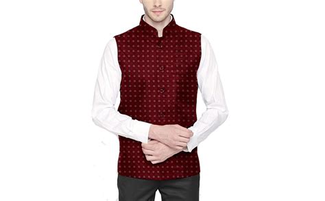 Buy BLACKSMITH Maroon and White Square Textured 5 Button Nehru / Modi ...