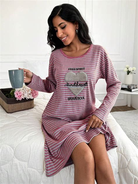 SHEIN 100%Cotton Slogan Graphic Gingham Print Drop Shoulder Nightdress ...