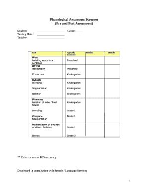 Phonological Awareness Screener Doc Template | pdfFiller