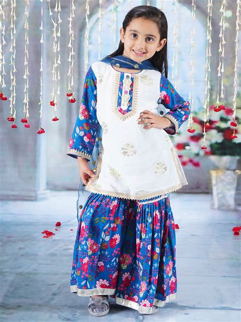 Girls Cotton Full Sleeves Kurta Sharara and Dupatta with Floral Print ...