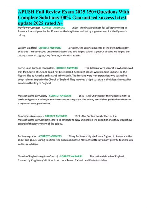 APUSH Full Review Exam 2025 250+Questions With Complete Solutions100 ...