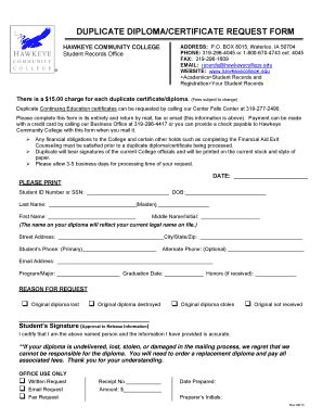 Fillable Online hawkeyecollege Duplicate diploma / certificate request ...