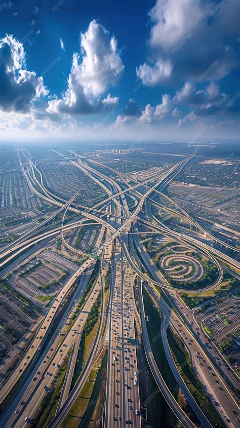 An aerial view of a sprawling expressway network with onramps and ...