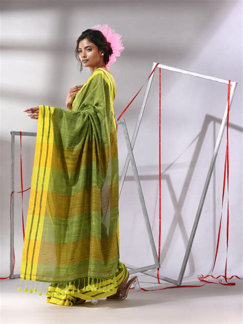 Green Cotton Saree with Stripe Border – Charukriti
