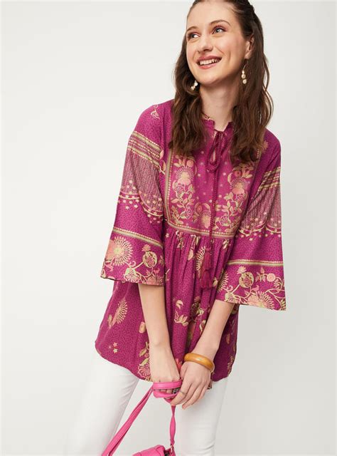 Buy Women Placement Print Yoke with Twisted Chord Tassle Tie-Up Online ...