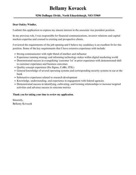 Associate Vice President Cover Letter | Velvet Jobs