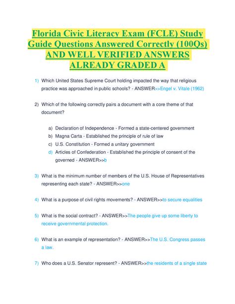 Florida Civic Literacy Exam (FCLE) Study Guide Questions Answered ...