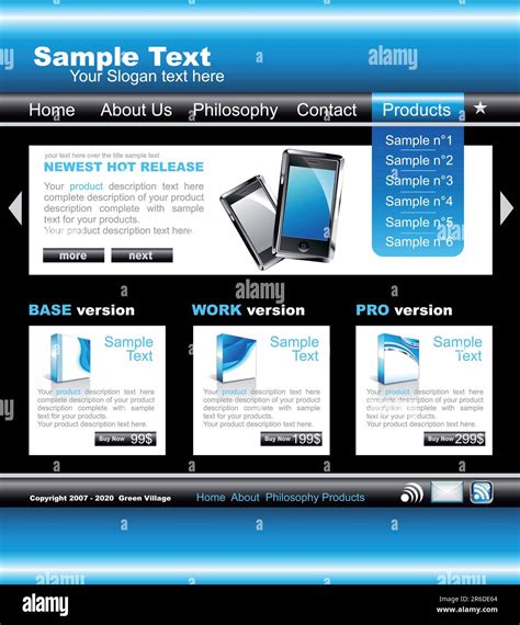 Blue Technology website template with software boxes and icons Stock ...