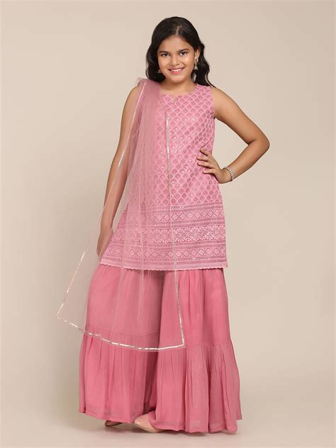 Shop Bitiya By Bhama Pink Kurta And Sharara Set With Dupatta Online