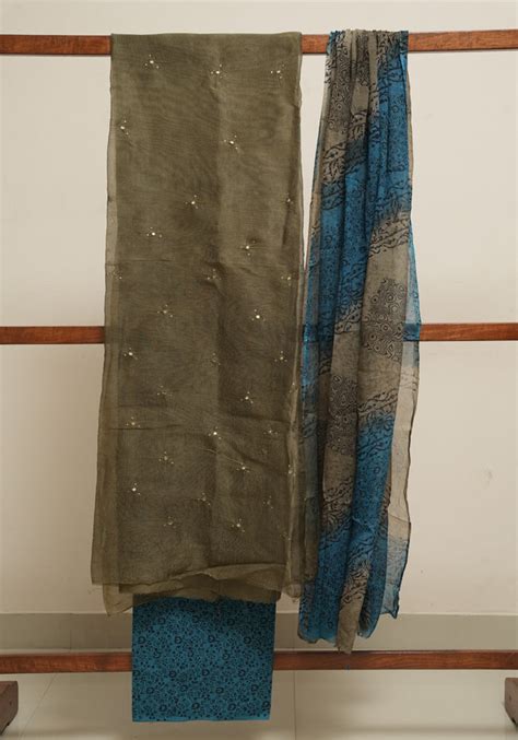 Grey and Teal Blue Unstitched Super Net Salwar Set with Mirror Work ...