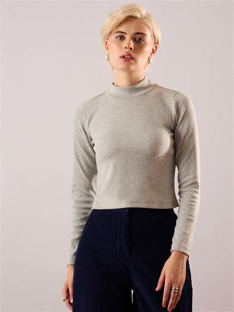 Buy Women Grey Melange Rib Turtle Neck Crop Top Online at Best Price ...